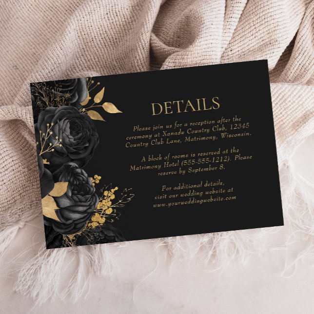 Cartão RSVP Detalhes do Casamento Dourado Floral Dark Preto (Criador carregado)
