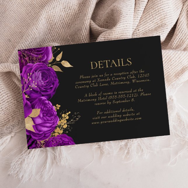 Cartão RSVP Detalhes do Casamento Dourado Floral Dark Roxo (Criador carregado)