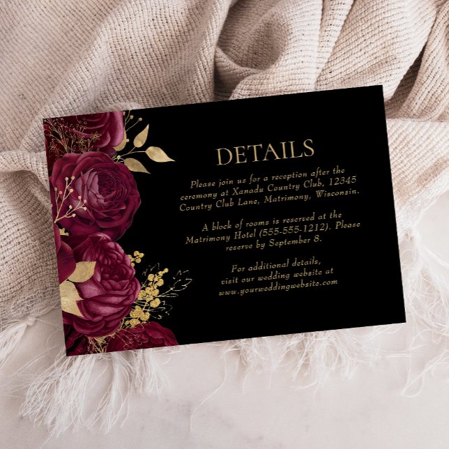 Cartão RSVP Detalhes do Casamento Dourado Floral Negro Burgund (Criador carregado)