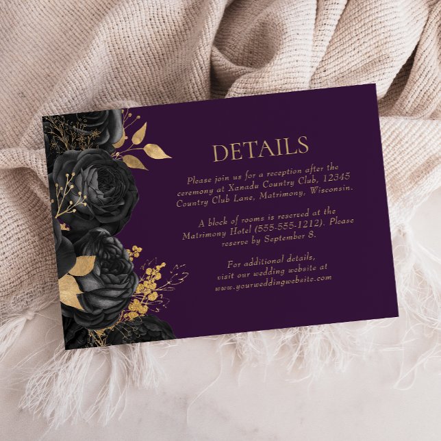 Cartão RSVP Detalhes do Casamento Dourado Floral Roxo Preto (Criador carregado)