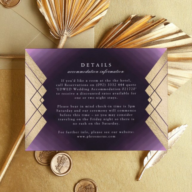 Cartão RSVP Detalhes do Casamento Gatsby Dourado Roxo Geométri (Criador carregado)