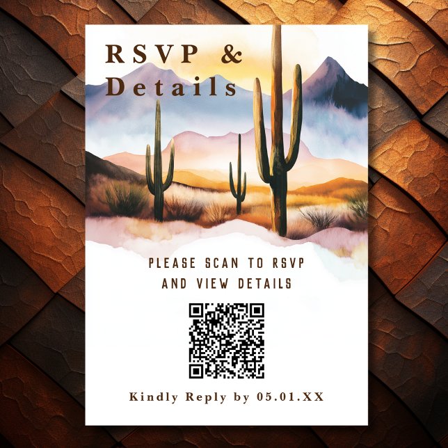 Cartão RSVP Detalhes do Código QR de Casamento de Desert Cactu (Front - Desert Cactus Wedding QR Code Details RSVP Card)