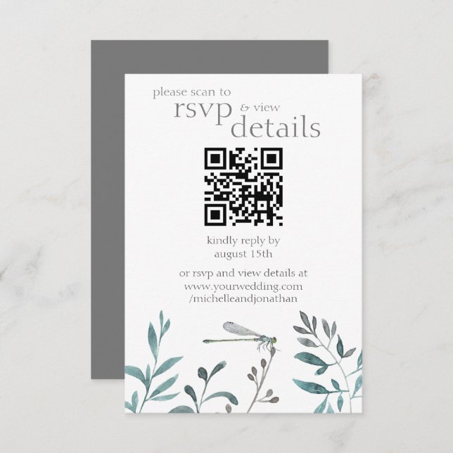 Cartão RSVP Detalhes do Código QR de Casamento de Dragonfly Mo (Frente/Verso)