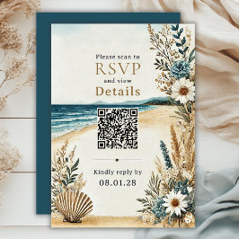 Cartão RSVP Detalhes do Código QR de Casamento de Praia Chic C