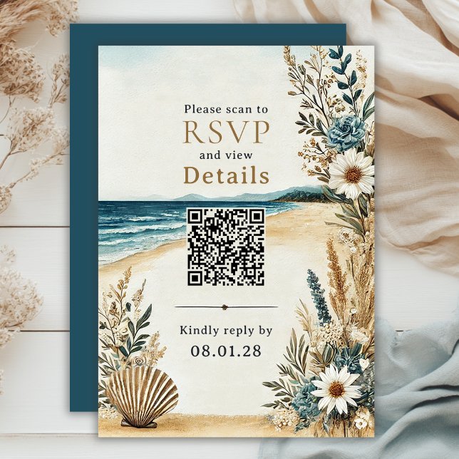 Cartão RSVP Detalhes do Código QR de Casamento de Praia Chic C (Coastal Chic Beach Wedding QR Code Details and RSVP Card)