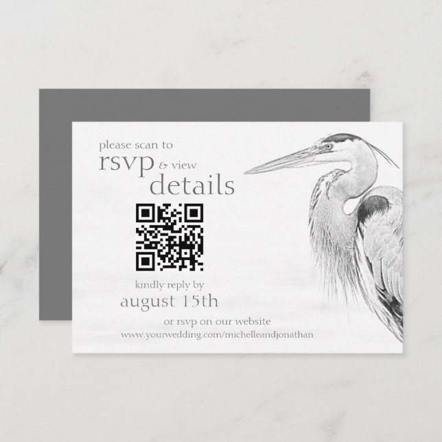 Cartão RSVP Detalhes do Código QR de Casamento de Sketch Heron (Frente/Verso)