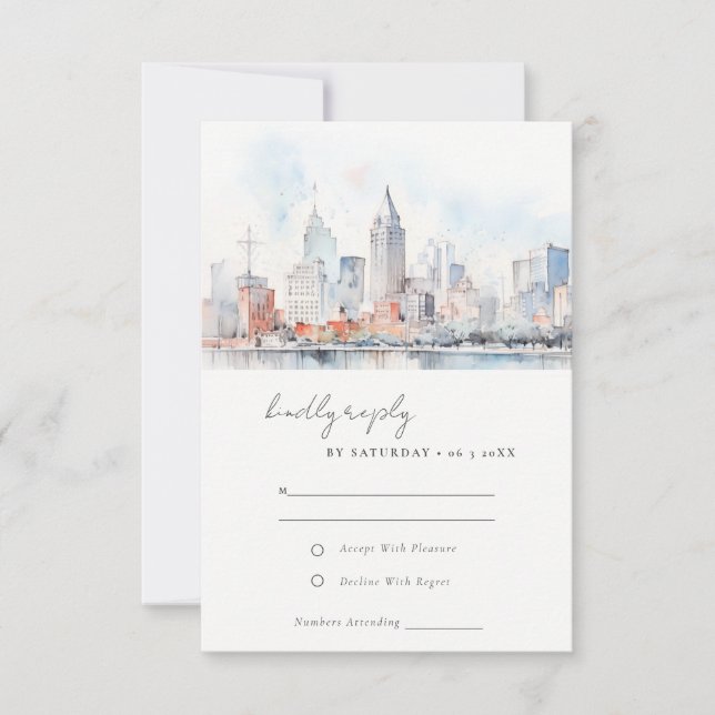 Cartão RSVP Detroit Michigan Watercolor Landscape Wedding (Frente)