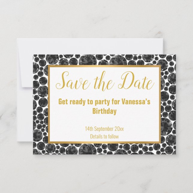 CARTÃO RSVP DIAMANTE DE OURO PRETO ELEGANTE SAVE THE DATE (Frente)