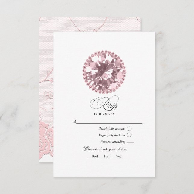 Cartão RSVP Diamante Rosa Quinceañera (Frente/Verso)