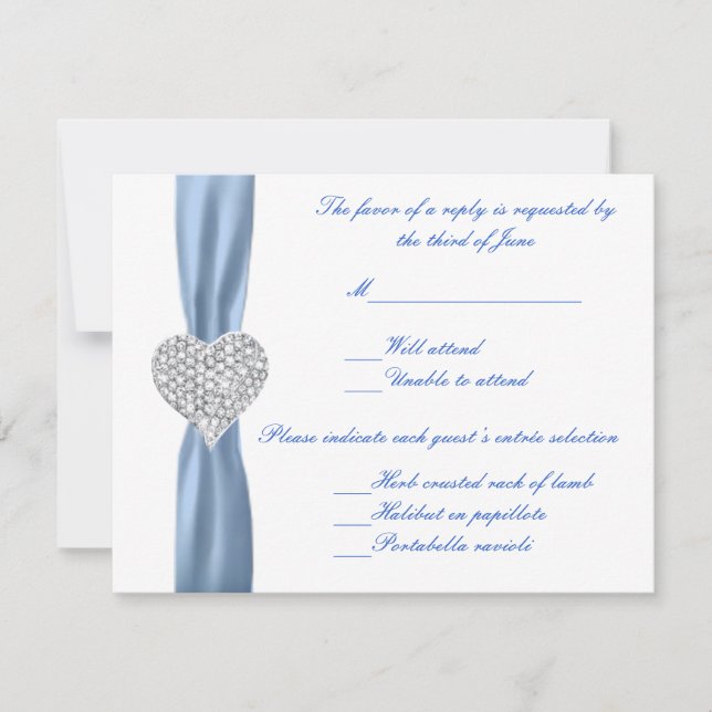 Cartão RSVP Diamond Heart Blue Wedding Response Card (Frente)