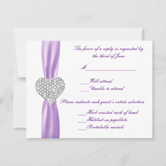 Cartão RSVP Diamond Heart Purple Wedding Response Card (Frente)