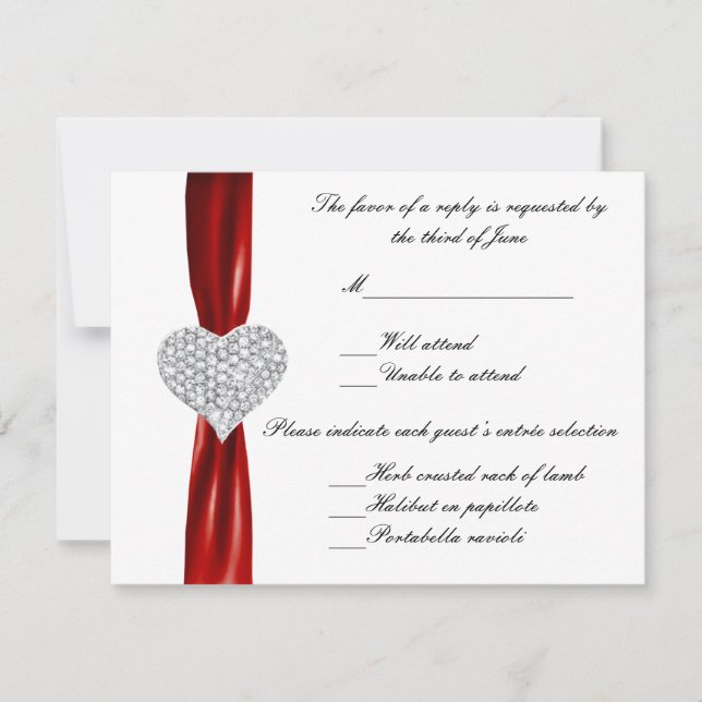 Cartão RSVP Diamond Heart Red Wedding Response Card (Frente)