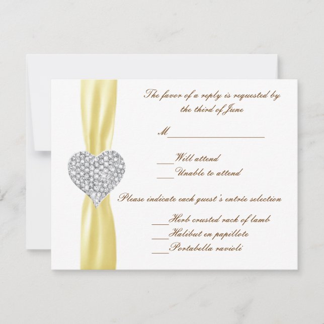 Cartão RSVP Diamond Heart Yellow Wedding Response Card (Frente)