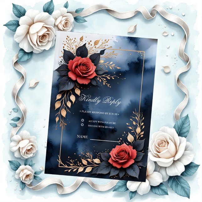 Cartão RSVP Disposição Elegante de rosa com folhagem de ouro (Criador carregado)