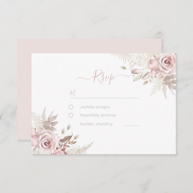 Cartão RSVP Divine Dusty Rosa Blush & Ivory Wedding (Frente/Verso)