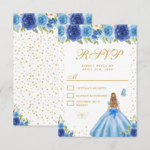 Cartão RSVP Doce Dezesseis Princesa Cabelo Loiro Floral Azul