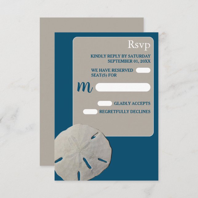 Cartão RSVP Dólar de areia, Casamento de Praia Azul de Oceano (Frente/Verso)