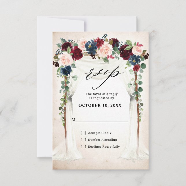 Cartão RSVP Dose de Borgonha Azul Floral Arco Dossel Casamento (Frente)