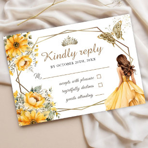Cartão RSVP Dourada Amarela Tiara Princess Floral Sweet 16 Rsv