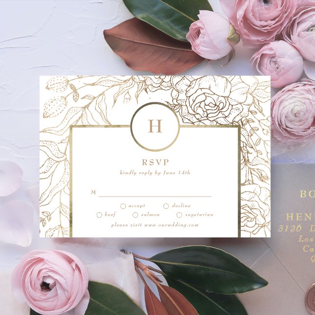 Cartão RSVP Dourada Elegante branca Monograma Wreath Weding RS (Criador carregado)