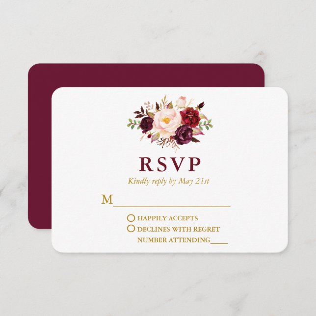 Cartão RSVP Dourada Floral Moderna Elegante Nupcial (Frente/Verso)