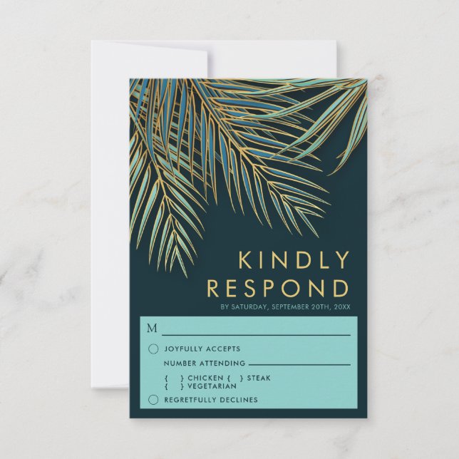 Cartão RSVP Dourada Palma Moderna Escolha da Refeição de Casam (Frente)
