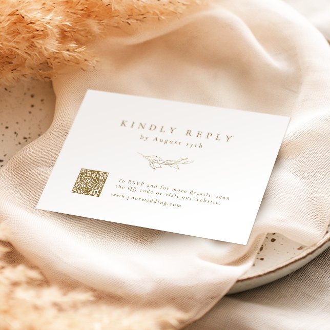 Cartão RSVP Dourada simples elegância botânica QR code casamen (Gold simple elegance botanical QR code wedding RSVP Card)