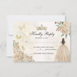 Cartão RSVP Dourada Sparkle Floral Princesa Quinceañera Aniver
