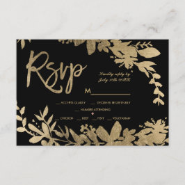 Cartão RSVP Dourada tipografia folha floral negro casamento rs