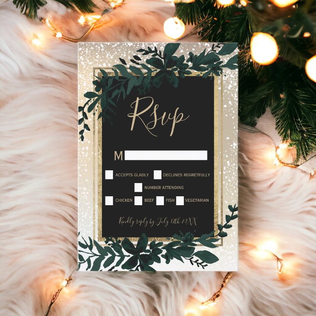 Cartão RSVP dourada tipografia folha neve elegante inverno rsv (gold typography leaf snow elegant winter rsvp)