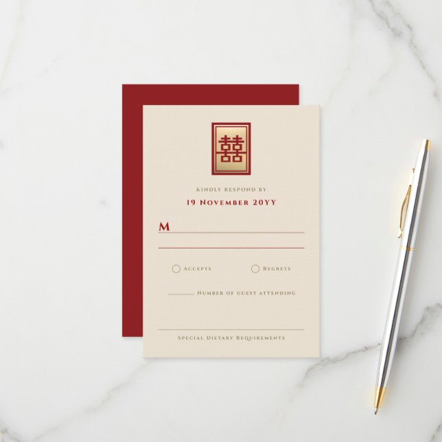 Cartão RSVP Dourado 2 Retângulo Dupla Felicidade Casamento Chi (Frente/Verso In Situ)