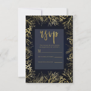 Cartão RSVP Dourado & Azul Naval Escuro Coral Elegante Casamen