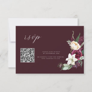 Cartão RSVP Dourado Borgonha - QR de casamento de Luxo Floral 