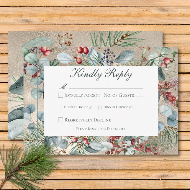 Cartão RSVP Dourado Casamento 2º Janta de inverno Greenerescên (Winter Christmas Greenery Gold Wedding Two Dinner RSVP Card)