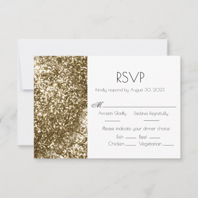 Cartão RSVP Dourado Casamento Elegante Glitter (Frente)
