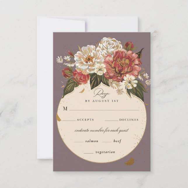 Cartão RSVP Dourado Casamento Floral Pintado Romântico (Frente)