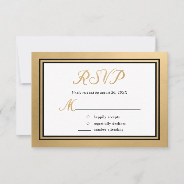 Cartão RSVP Dourado Casamento Formal Preto (Frente)