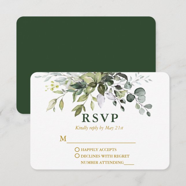 Cartão RSVP Dourado Casamento Verde Elegante Moderno (Frente/Verso)