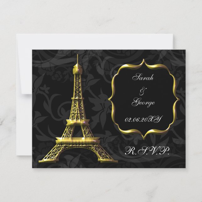cartão rsvp dourado da torre Eiffel em francês (Frente)