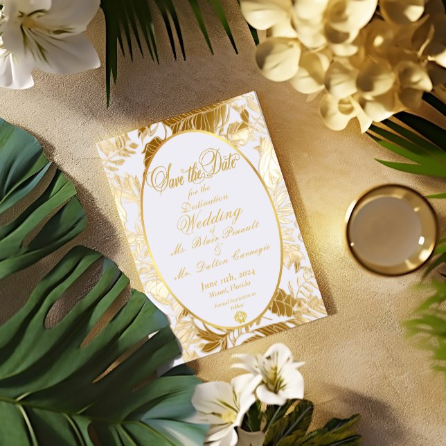 Cartão RSVP Dourado Destino Tropical Casamento Salvar a Data (Stunning and Elegant Formal Destination Wedding Tropical Gilded Gold Monstera Leaf Save the Date  )