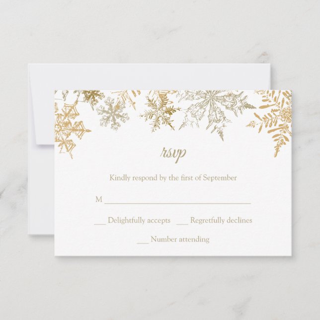 Cartão RSVP Dourado Flocos de Neve Natal Elegante Casamento no (Frente)