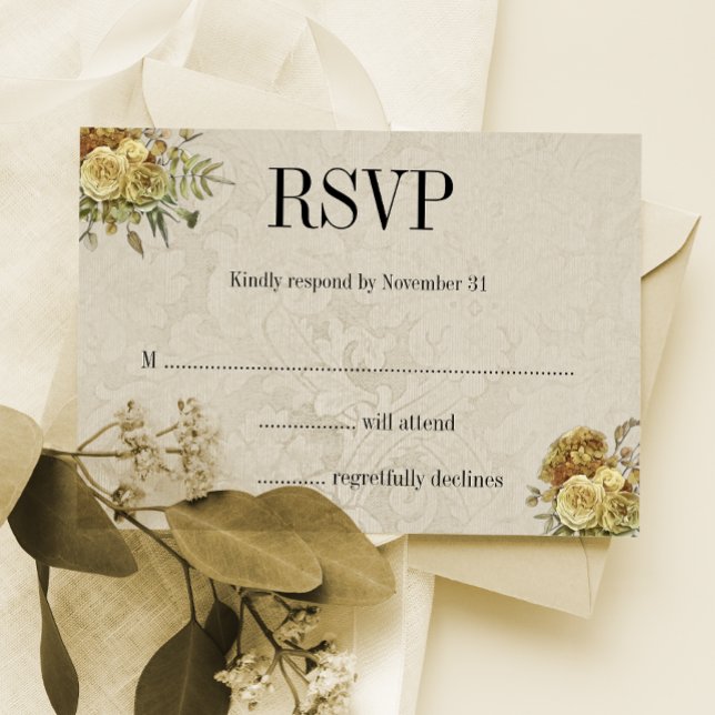 Cartão RSVP Dourado Floral e Cream Damask Boho Wedding (Criador carregado)
