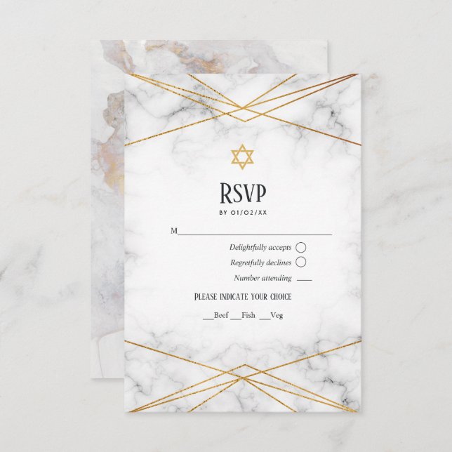 Cartão RSVP Dourado Marble Geométrico Bat Mitzvah (Frente/Verso)