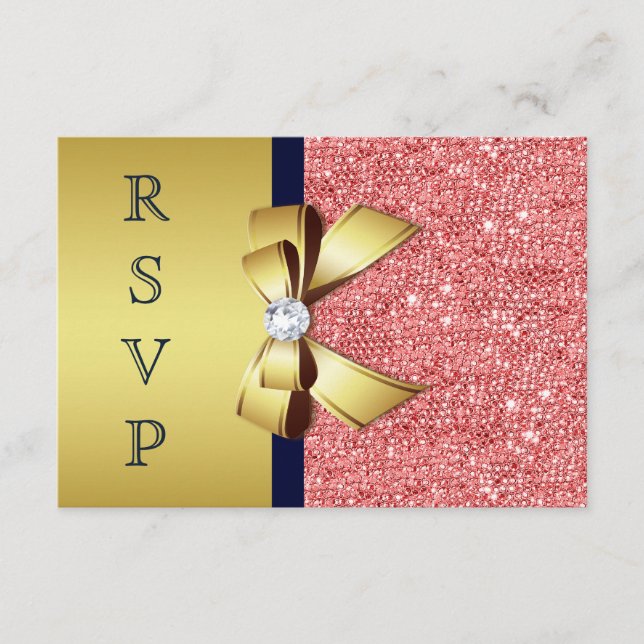 Cartão RSVP Dourado Naval Coral Lantejoulas Diamantes Laço RSV (Frente)