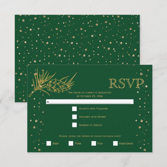 Cartão RSVP Dourado pinheiro brilhante, casamento no inverno v (Frente/Verso)