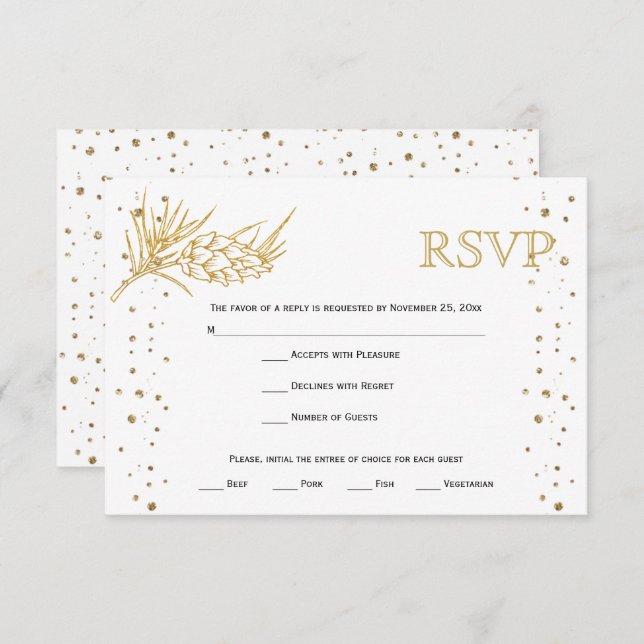 Cartão RSVP Dourado pinheiro brilhante e casamento no inverno  (Frente/Verso)