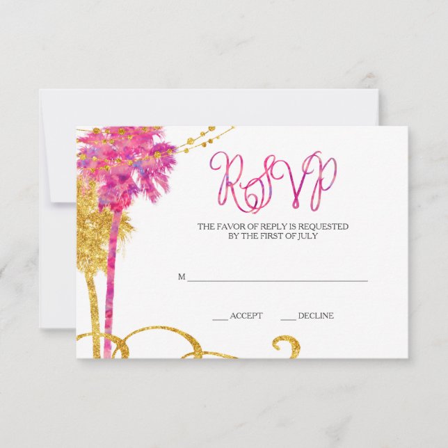 Cartão RSVP Dourado Rosa Watercolor Beach Bat Mitzvah (Frente)
