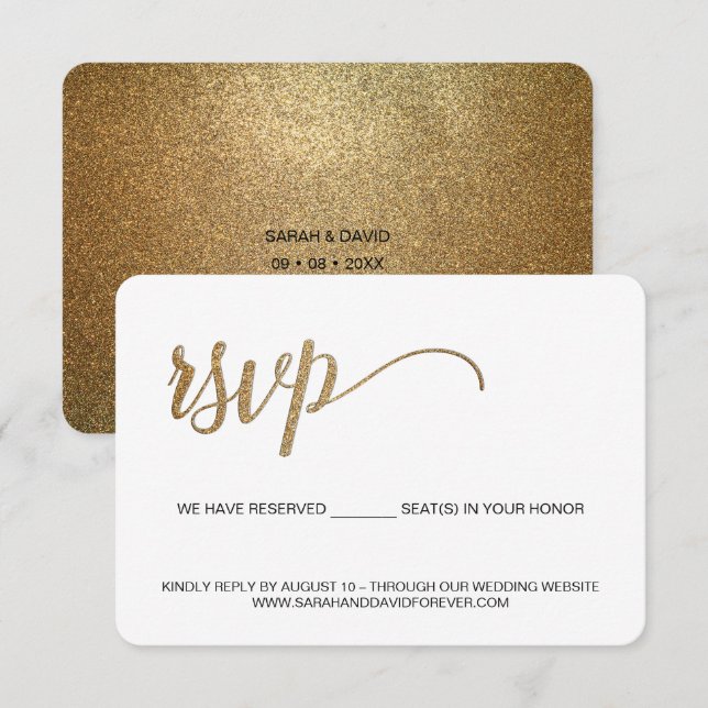 Cartão RSVP Dourado site de casamento White sem envio (Frente/Verso)