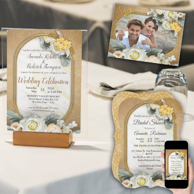 Cartão RSVP Dourados Mandalas de Várias Fotos do Círculo Geomé (Gold Mandalas of various geometric circles with white roses invitations)