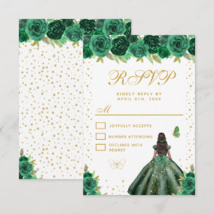 Cartão RSVP Doze Anos Floral Verde Princesa de Pele Morena